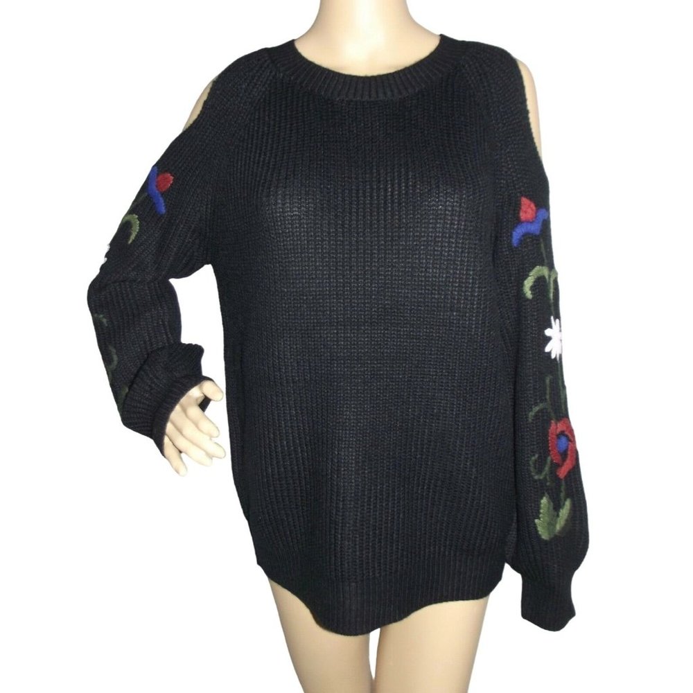 Timing Womens Small Long Black Ribbed Knit Floral Embroidered Sleeve Sweater